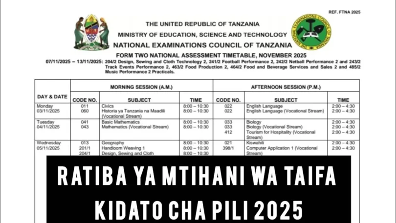 Ratiba ya Mitihani ya Kidato cha Pili (CSEE) 2025